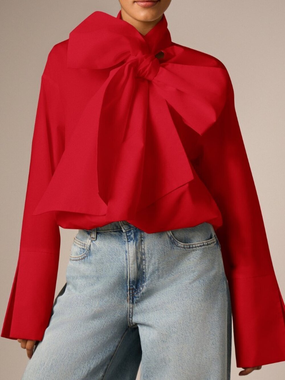 Red Elegant Women's Oversized Blouse with Bow Neck and Bell Sleeves